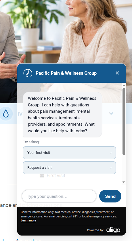PPWG's Aliigo assistant welcome screen with first-visit and request-a-visit options; no patient information