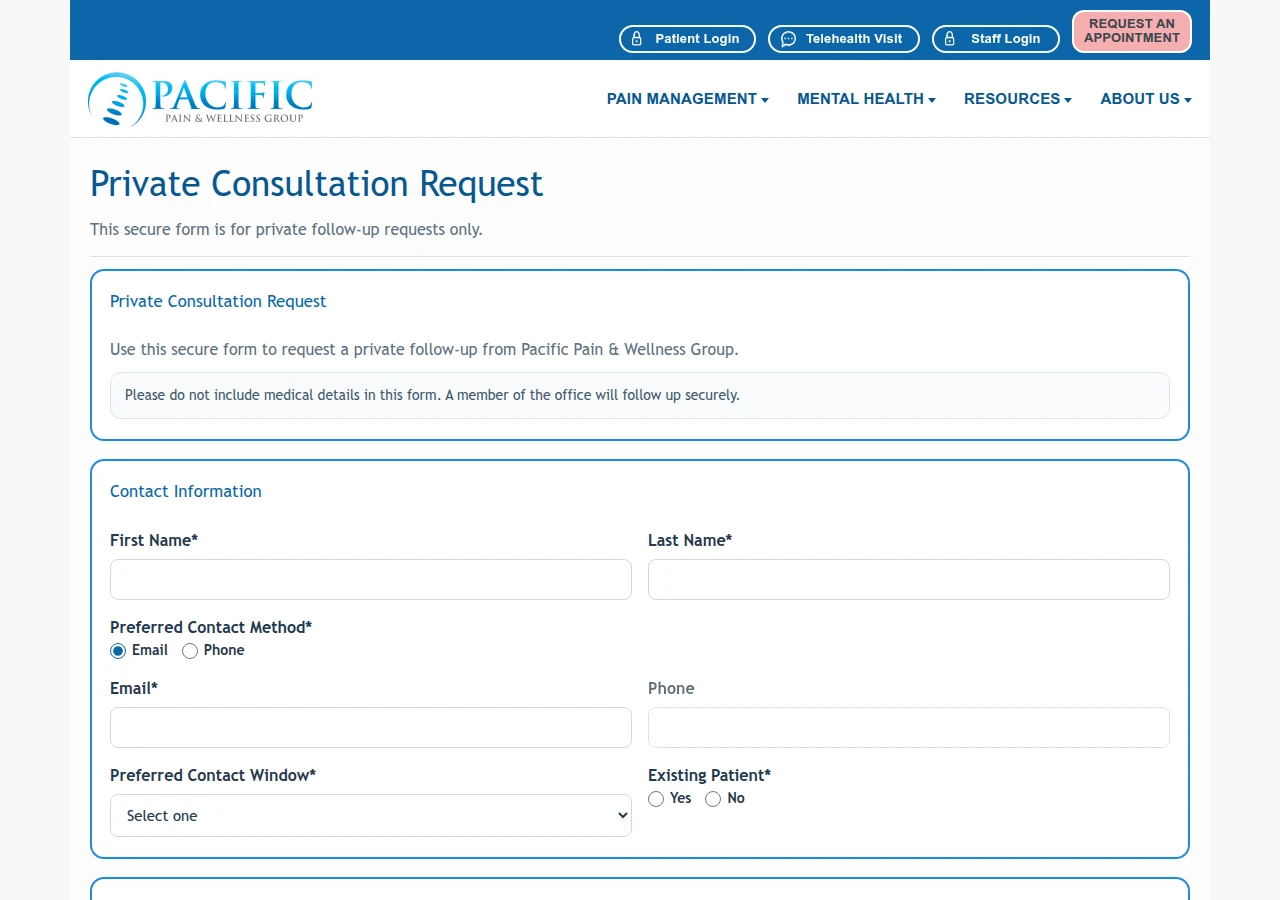 The empty PPWG private consultation request form; no visitor data entered