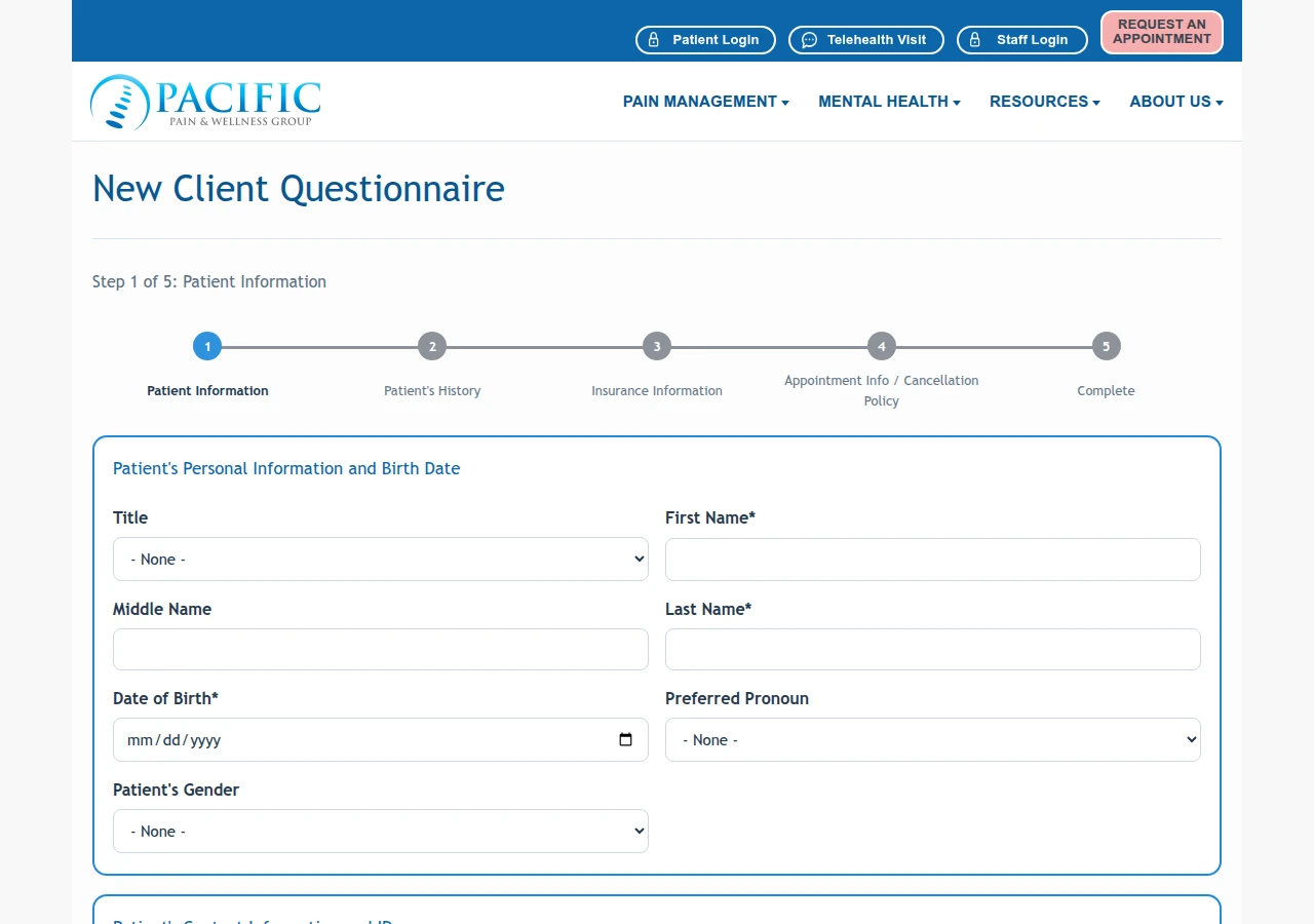 Empty PPWG new client intake questionnaire; no patient information